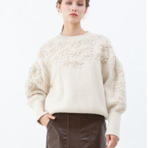 NWT - Chicwish Flowers Stitched Puff Sleeves Knit Sweater